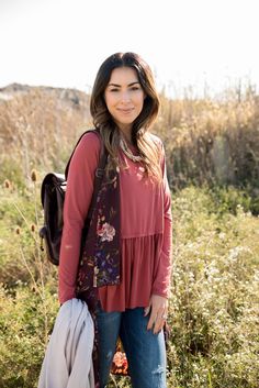 Peplum Long Sleeve Tee - L, Marsala - $34.00 - - Betsey's Boutique Shop Versatile Spring T-shirt For Casual Gatherings, Versatile Relaxed Fit T-shirt For Fall, Fall Cotton T-shirt Versatile Style, Fall Cotton T-shirt With Versatile Style, Versatile Cotton T-shirt For Fall, Casual Spring T-shirt For Layering, Casual Spring Layering T-shirt, Versatile T-shirt For Spring Casual Gatherings, Fall Crew Neck T-shirt For Day Out