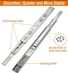 two drawer sliders with different parts labeled on the side and bottom, showing how to use