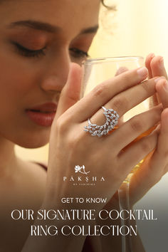 A woman holding a champagne glass and wearing a silver ring, crafted with CZ stones. Ring Collection, Jewelry Online, Ring Collections, Cz Stone, Cocktail Ring, Cocktail Rings