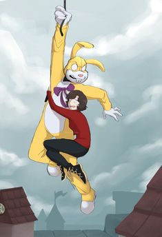 an animated image of two people in the air with one holding onto another person's head