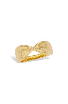 Catch the light with this elegant twisted-band ring crafted from polished 18-karat gold plate. 18k-gold plate Imported Gold Rings With A Modern Twist, Gold Ring With Polished Finish And Modern Twist, Modern Gold Ring With Polished Finish, Twisted Gold Ring For Gift, Gold Wide Band Ring With Modern Twist, Twisted Yellow Gold Jewelry For Anniversary, Twisted Yellow Gold Ring As Gift, Twisted Yellow Gold Ring For Gift, Yellow Gold Twisted Ring For Gift