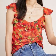 Anthropologie Ruffled Graphic Strawberry Print Tank Top Blouse In Red - Sleeveless - Ruffle Detailing With Bow Tie At Front Women's Size 6 Brand New With Tags! Approximate Measurements: - Bust 19" Across - Length 25" Ruffle Tank Top, Blouse Tank Top, Strawberry Print, Sweater Tank Top, Anthropologie Top, Striped Tank Top, Novelty Print, Knitted Tank Top, Printed Tank Tops