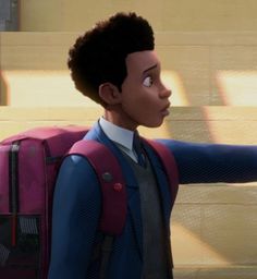 an animated man with a backpack pointing at something