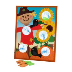 a card with an image of a scarecrow and sunflowers