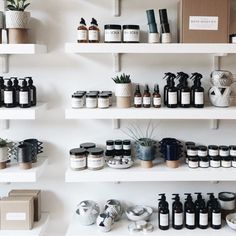 the shelves are filled with different types of products