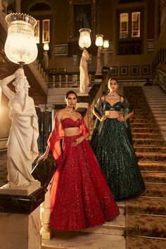 This lehenga set features delicate red on red crystal embroidery in a linear pattern. The off shoulder blouse has crystal drops at the waist. The four sided embroidered dupatta has crystal tassels as well.From Seema Gujral's Falaknuma collection. DELIVERY TIMEPlease allow 8-12 weeks for your outfit to arrive. FABRIC DETAILSNet Professional cleaning only. Crystal Lehenga, Crystal Embroidery, Embroidered Dupatta, Linear Pattern, 12 Weeks, Red Crystals, Crystal Drop, Professional Cleaning, The Four