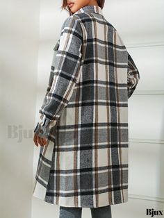 Bjux - Womens Plaid Print Long Length Shacket Jacket - Stylish Button-Front Outerwear with Long Sleeves Plaid Long Sleeve Outerwear With Button Closure, Casual Collar Outerwear With Button Closure For Work, Casual Collar Winter Workwear Outerwear, Plaid Outerwear With Lapel Collar And Buttons, Winter Single Breasted Button-up Shacket, Winter Single-breasted Button-up Shacket, Plaid Button-up Outerwear With Button Closure, Plaid Winter Outerwear With Button Cuffs, Plaid Single-breasted Button-up Outerwear