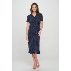 Our Jocelyn Side Ruched dress is a stylish and comfortable option for any occasion. Made from soft and stretchy knit fabric, it offers a flattering fit. The side ruching creates a slimming effect, while the faux surplice neckline adds a trendy touch. This dress is a versatile addition to your wardrobe. Elevate your fashion game with this fashionable dress. Made in USA. Machine washable. Fitted Ruched Wrap Dress Midi Length, Fitted Ruched Wrap Midi Dress, Fitted Ruched Midi Wrap Dress, Casual Fitted Ruched Midi Dress, Casual Ruched Polka Dot Dress, Casual Polka Dot Ruched Dress, Casual Ruched Midi Dress With Surplice Neckline, Casual Fitted Polka Dot Midi Dress, Fitted Ruched Maxi Dress In Rayon