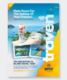 a flyer for a travel company with an image of a child on a rock in the water