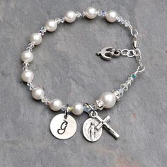 Confirmation Gift for Girls - Personalized Catholic Rosary Bracelet - Sparkly Clear Crystal, Swarovski Pearl - Sterling Hand Stamped Initial by RosariesOfLove on Etsy Pearl Crystal Bracelet With Pearl Charm As Gift, Silver Beaded Bracelets With Birthstone For Wedding, Silver Beaded Bracelets With Pearl Charm As Gift, Silver Bracelets With Pearl Charm As Gift, Round Pearl Crystal Bracelet For Gift, Personalized Silver Crystal Bracelet For Gift, Silver Pearl Bracelet With Pearl Charm For Mother's Day, Personalized Silver Crystal Bracelet For Mother's Day, Adjustable Silver Crystal Bracelet For Birthday