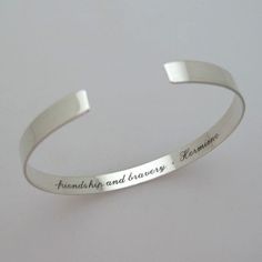 Personalized Sterling silver bracelet for her, Christmas gift. Custom skinny cuff Bracelet in Sterling Silver for women. Engraved quote cuff bracelet for women, Birthday gift for her. Elegant and delicate jewelry piece, fine silver bangle bracelet. A gift to melt one's heart, Personalized cuff bracelet. Order the romantic piece to complement your collection or to make an unforgettable gift. You may be sure, such a gift will make a day! The silver bangle bracelet is polished to a shiny finish. To 40th Gift Ideas, Personalized Silver Bracelets, Personalized Cuff Bracelets, Secret Message Bracelet, Custom Engraved Bracelet, Mantra Bracelet, Bracelet Quotes, Engraved Cuff, Bracelet For Her