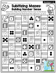 the subitizing mazes worksheet for numbers 1 - 3 is shown