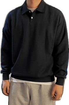 Ribbed Long Sleeve Sweatshirt For Streetwear, Casual Long Sleeve Winter Henley, Collared Polo Sweater In Solid Color, Casual Long Sleeve Henley For Winter, Winter Collared Sweatshirt With Ribbed Collar, Winter Polo Sweater With Ribbed Neckline And Long Sleeves, Winter Long Sleeve Ribbed Henley, Casual Polo Collar Ribbed Sweater, Oversized Collared Polo Sweater