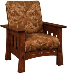 a wooden chair with a brown and tan upholstered arm rest on an isolated white background