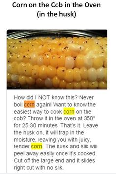 corn on the cob in the oven with instructions to cook it and how to use it