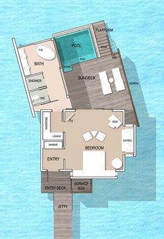 the floor plan for a two bedroom, one bathroom apartment with an attached balcony and pool