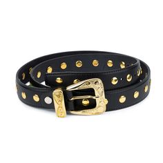 "Buy Gold Studded Belt - Black Gold Studded Belt - Studded Leather Belt - Womens Studded Belt - Gold Buckle Black Belt - Punk Belt - Goth belt BELT SIZE: Choose from drop down menu above BELT HEIGHT: 1 1/8\" | 3.0 cm LEATHER: Genuine Italian leather COLOR: Black BUCKLE: Metal, yellow gold color RIVETS: Gold color CONDITION: New INCLUDED: Dust bag Removable belt buckle, so you use your favorite buckle with the belt. ALL BELTS ARE MEASURED FROM THE LEATHER PART'S END TO THE MIDDLE HOLE. DISCOVER A Gold Studded Belt, Adjustable Festival Belts With Rivets, Clawdeen Costume, Goth Belt, Inner Monster, Punk Belt, Belt Gold Buckle, Trio Halloween Costumes, Yellow Gold Color