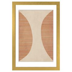 an abstract art print in gold frame on a white background with red and beige stripes