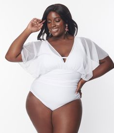 Unique Vintage Plus Size White Mesh Sleeved Torrey Swimsuit - Unique Vintage - Womens, SWIM, 1 PC Plus Size Swimsuit, Pool Fun, Bathing Beauty, Plus Size White, Vintage Plus Size, Plus Size One Piece, Mesh Sleeves, Plus Size Swimsuits, Butterfly Sleeves