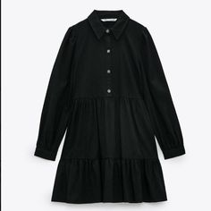 Zara Black Tiered Shirt Dress With Long Sleeves New With Tag! Size: S This Elegant Black Shirt Dress From Zara Features A Classic Collar, Button-Up Front, And Tiered Design For A Sophisticated Look. The Long Sleeves With Buttoned Cuffs Add A Touch Of Refinement, Making It Perfect For Both Casual And Formal Occasions. Crafted From High-Quality Materials, This Dress Ensures Comfort And Style. A18-011 Casual Ruffled Shirt Dress For Fall, Black Cotton Midi Dress For Fall, Black Collared Cotton Shirt Dress, Black Cotton Shirt Dress For Fall, Casual Black Collared Shirt Dress, Black Cotton Shirt Dress With Buttons, Black Cotton Shirt Dress For Spring, Collared Black Midi Dress For Dress Down, Black Collared Midi Dress For Spring