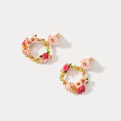 DETAILS Plating: 18K Gold  Materials: 18K Gold on Brass,   Enamel, Cubic Zirconia Size: 1.34"* 1.14 "(3.4cm*2.9cm) Weight: 12.1g/pr Floral Hoop Earrings For Spring Wedding, Spring Wedding Flower Hoop Earrings, Pink Rose Design Drop Earrings, Pink Hoop Flower Earrings For Spring, Pink Flower Hoop Earrings For Spring, Pink Flower Earrings With Rose Design, Red Flower Decorated Jewelry For Spring, Pink Hoop Earrings As Spring Gift, Pink Hoop Earrings For Spring Gift