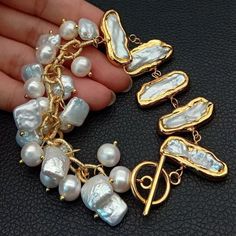 Fresh water cultured pearl, white potato pearl and keshi Biwa pearl bracelet Diameter: 8-9mm-10-11mm(pearl), 11x25mm(keshi pearl). length: 8"(bracelet). Clasp: Toggle clasp Abalone Bracelet, Kyanite Bracelet, Biwa Pearls, Kesha, Matching Jewelry, Keshi Pearls, Natural Pearl, Pearl Chain, Vintage Bracelets