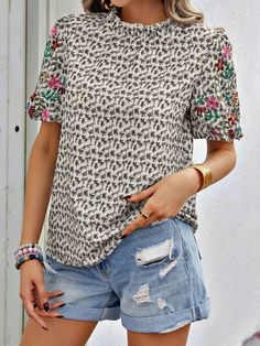 Women's 2024 Embroidery Floral Short SleeveT-Shirt High Collar Cute Tee Casual Embroidered Crew Neck Top, Relaxed Fit Crew Neck Tops With Floral Embroidery, Relaxed Fit Floral Embroidery Tops With Crew Neck, Relaxed Fit Floral Embroidered Crew Neck Tops, Casual Short Sleeve Blouse With Floral Embroidery, Fall Cotton Tops With Floral Embroidery, Casual Floral Embroidered Short Sleeve Blouse, Relaxed Fit Blouse With Floral Embroidery And Short Sleeves, Floral Embroidered Cotton Tops For Fall