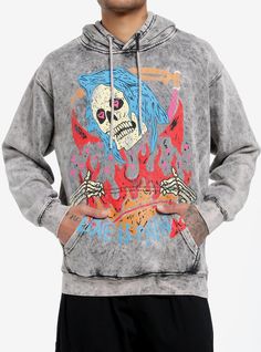 This hoodie will turn any boring 'fit into a better one. It has a bold acid wash and a large  faux-distressed graphic of a heartbroken Grim Reaper with text reading  "Love Is Pain". Front kangaroo pocket and drawstring hood.80% cotton; 10% polyester; 10% recycle polyesterWash cold; dry lowImportedListed in men'sunisex sizesModel is 6'1"Model wears size Large Cotton Hoodie With Graffiti Print For Fall, Cotton Graffiti Print Hoodie For Fall, Cotton Fall Hoodie With Graffiti Print, Grunge Graphic Print Hoodie For Fall, Grunge Graphic Hoodie For Fall, Grunge Washed Sweatshirt For Streetwear, Urban Halloween Sweatshirt With Graphic Print, Trendy Graphic Print Halloween Hoodie, Distressed Grunge Hoodie With Relaxed Fit