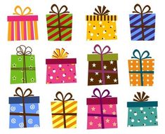 colorful gift boxes with bows and stars on them are arranged in a square pattern against a white background