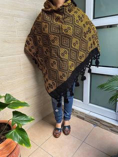 This beautiful handmade cape ideal for cold climates, evening wrap,to wear on all occasions- beautiful gift. This cape is one size and fits S/M/L/XL,  Our wide variety of layers will make your winter always be very warm. Choose between different models, lengths and materials. Mexican textile art has centuries of history and creativity throughout the country. Mexico is recognized as one of the leading countries with a beautiful artistic production in the textile world, miraculous hands of talented artisans from different states of the country create stunning embroidery clothing, and various items. #Oaxaca #Chiapas We ship anywhere in the word, from Tepic, Nayarit,  mx. Made by artisans from Tlaxcala, mx We recommend washing by hand with cold water, tend in the shade, to better preserve the Traditional One Size Woven Poncho, Traditional Woven Shawl Poncho, Handwoven Poncho Shawl For Festivals, Handwoven Festival Poncho Shawl, Traditional Handwoven Poncho One Size, Traditional Handwoven One-size Poncho, Bohemian One-size Handwoven Cape, Bohemian Handwoven One-size Cape, Traditional Handwoven Shawl Poncho