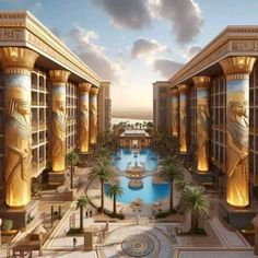 an artist's rendering of the inside of a hotel with pools and egyptian statues