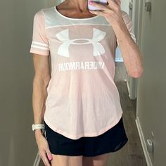 Nwt Under Armour Pink/Peachy & White Athletic Short Sleeve 3 Stripe Tee Shirt. Size Xs Baby Pink Top, Skate Shorts, Purple Tee, Mesh Shirt, Stripe Tee, Training Tops, Under Armour Shirts, Athletic Shirts, Striped Tee