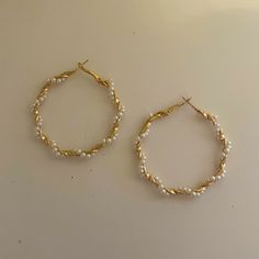 Condition-New And Never Worn Color-Gold Shape-Hoop Pearl Earrings Hoops, Hoop Earrings With Pearls, Gold Hoop Earrings With Pearls, Gold And Pearl Hoop Earrings, Gold Hoop Jewelry With Pearl Drop, Formal Gold Hoop Pearl Earrings, Elegant Yellow Gold Hoop Pearl Earrings, Gold Hoop Earrings With Pearl Drop In Brass, Gold Hoop Earrings Aesthetic