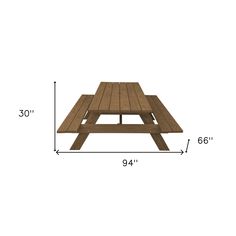 a wooden picnic table with measurements for the top and bottom portion, including two legs