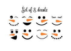 a set of snowman faces with the words set of 8 heads above them in black and white