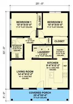 the floor plan for a small house with two bedroom and an attached kitchen area,