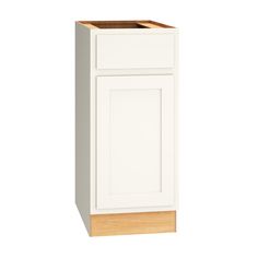 a white cabinet with a wooden door and drawer on the bottom, in front of a white background