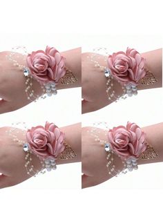 three pictures of a woman's arm with pink roses and pearls on the wrist