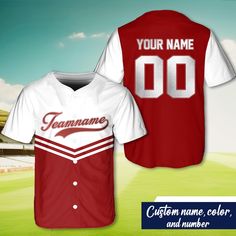 a custom baseball jersey with your name and number on the front, shown in red and white