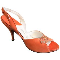 Brand new, never worn 50s vintage MACKEY STARR sorbet orange peep toe slingback high heel shoes! Features rhinestones at the toe. Adjustable sling back strap. Leather sole. Great with shorts, jeans, a skirt or a dress. In great unworn condition. Very well made. Measures like a Size 6 N Measurements: 8.75 inches from inner toe to heel 1950s Shoes, Century Shoes, Vintage High Heels, Historical Shoes, Orange Shoes, Strappy High Heels, Slingback Heels, Retro Shoes, Peep Toe Sandals