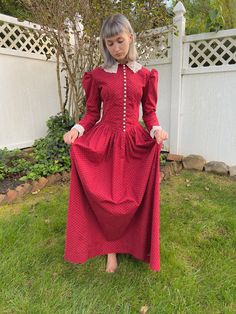 W E L C O M E ☆  → Leg O Mutton sleeves and turkey red calico dreams! S I Z E  &  M A T E R I A L +Measurements//Size: sleeves: 20 inches  ptp: 18 inches waist: 15 inches  length: 56 inches +Material: Turkey red calico  → C O N D I T I O N  + Excellent antique condition! No flaws identified-  → D E T A I L S + Stunning red calico gown. Irish crochet lace detailing on collar, cuffs, and each button.  → T H A N K Y O U + Thank you for viewing this lovely piece! Follow us on Instagram @ RockandPopV Classic Fitted Long Sleeve Prairie Dress, Leg O Mutton Sleeve, Mutton Sleeve, Irish Lace Crochet, Irish Crochet, Dress Clothes For Women, Crochet Lace, Lace Detail, Sleeve Dress