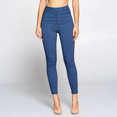 Dress Transition Pant. High Waist Twill Stretch Pants 75% Rayon 22% Nylon 3% Spandex Non-stretch Ankle-length Blue Jeans, Fitted High Waist Denim Blue Bottoms, High Waist Fitted Denim Blue Bottoms, Blue Elastane Pants For Summer, Blue Elastane Summer Pants, Stretch Denim Blue Pants For Work, Fitted Solid Color Elastane Jeggings, Fitted Elastane Jeggings, Fitted Denim Blue Trousers