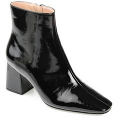 Instantly elevate any outfit with the Haylinn by Journee Collection. This square-toe bootie keeps it effortlessly chic with patent vegan leather uppers. A zipper entry makes them easy to slip into and a block heel paired with a 4 mm Tru Comfort Foam� footbed makes them a breeze to walk in. At Journee Collection our booties will give you that comfortable yet stylish look perfect for when you�re in the office all the way to a fun night out with the girls. Dress Booties, Platform Block Heels, Square Toe Heels, Classic Boots, Journee Collection, Sleek Fashion, Womens Ankle Boots, Dress And Heels, Black Booties