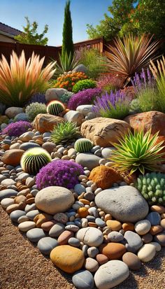 a garden with rocks and plants in it