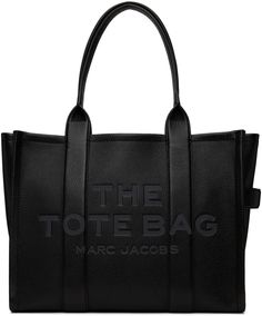 Grained leather tote in black. · Rolled shoulder straps · Logo embossed at face · Carry handle at side · Logo patch at back face · Bumper pads at base · Zip closure · Card slot at interior · Zip pocket and patch pockets · Buffed leather and twill lining · H13 x W16 x D5 Supplier color: Black Marc Jacob’s Tote Bags, Mark Jacob’s Bag, Black Lether, Raffle Ideas, Jordan Shoes Girls, Large Leather Tote Bag, Marc Jacobs Tote, Bags Messenger, Large Leather Tote