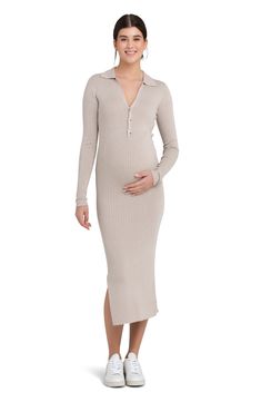 Wide ribbing enhances the everyday charm of this polo dress that will fit you beautifully throughout pregnancy and with front buttons for easy nursing. Spread collar Long sleeves 72% viscose, 28% nylon Hand wash, dry flat Imported Knit Polo Dress, Knit Polo, Maternity Nursing, Knit Fashion, Polo Dress, Nordstrom Dresses, David Jones, Dresses Online, Nursing