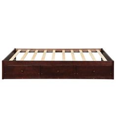 a wooden bed frame with two drawers on each side and an open drawer underneath it