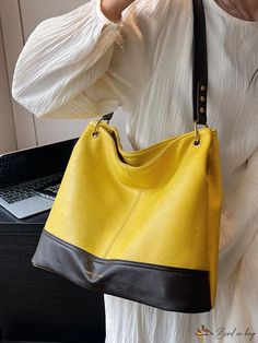 BirdinBag - Stylish Two Tone Hobo Bag for Women - PU Leather Shoulder Handbag with Zipper Large Capacity Yellow Satchel Bag, Yellow Large Capacity Satchel Bag, Handheld Faux Leather Bag For Errands, Large Capacity Yellow Bag With Double Handles, Large Capacity Yellow Pouch Shoulder Bag, Yellow Rectangular Bag With Zipper Closure, Yellow Handheld Bags For Daily Use, Large Capacity Yellow Handheld Bag, Handheld Yellow Bags For Daily Use