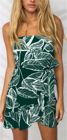 $34.90 -  Cute green floral short summer off shoulder dress with ruffles. For elegant ladies, teens and feminine women. Perfect for casual simple summer day outfit. Printed Dresses Fashion, Sleeveless Sundress, Stylish Women Fashion, Boho Lace, Dresses By Length, Dress Silhouette, Mini Dresses Summer, Print Chiffon, Leaf Print