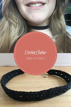 a woman wearing a black choker with a red circle over it that says, free pattern